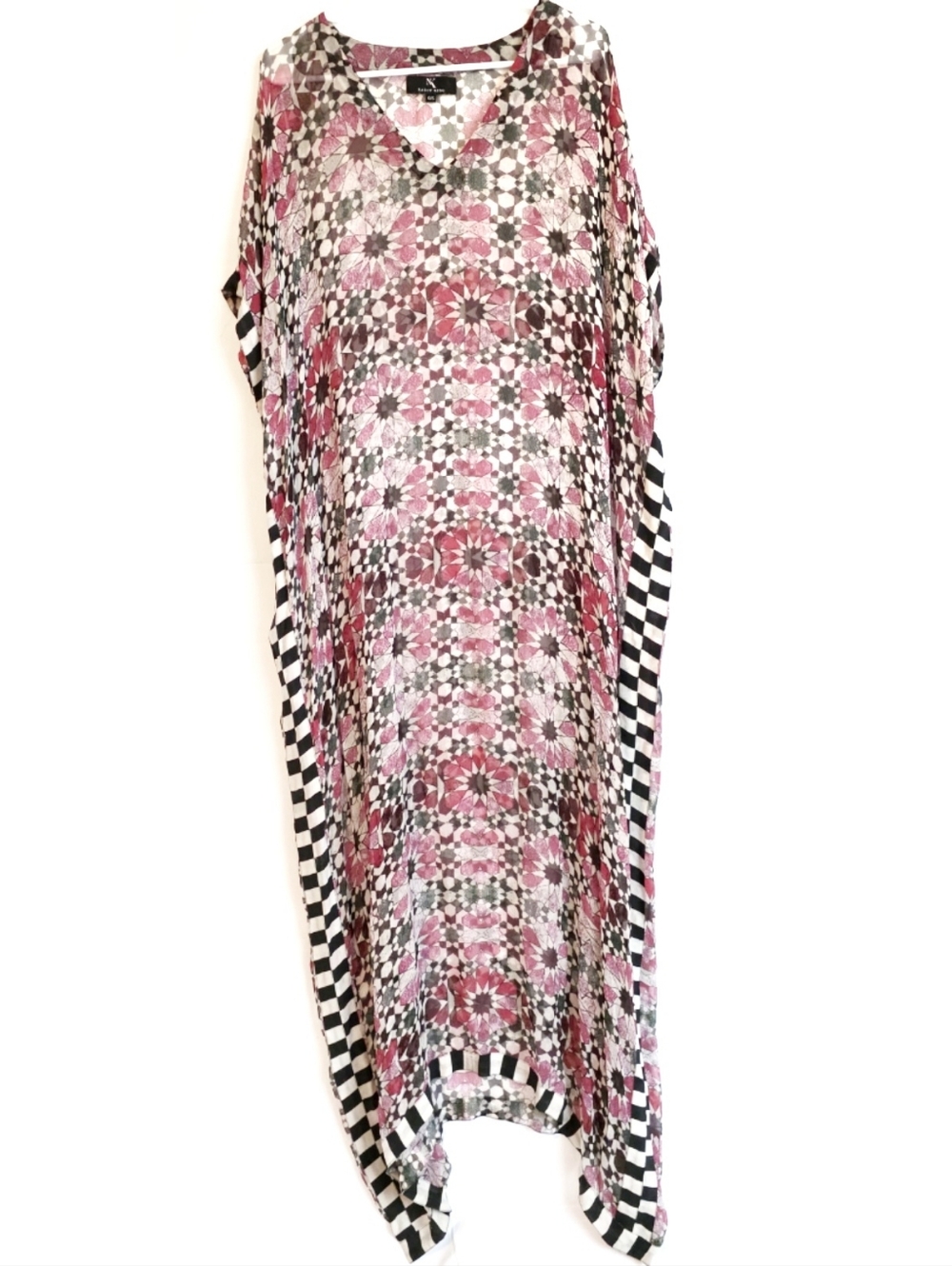 NANCY KING Silk Boho Festival Sheer Maxi Caftan Checker Trim OS